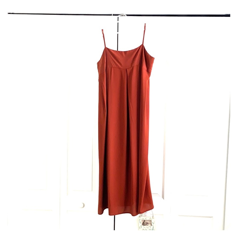 Burnt orange midi dress with gold embellishments